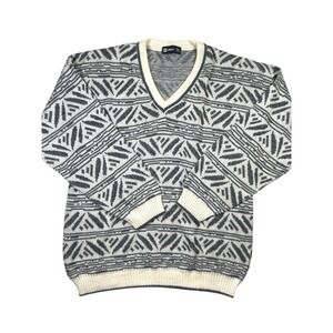Vintage St Michael Sweater Mens 42 Gray Aztec Pattern Acrylic V-Neck Long Sleeve
